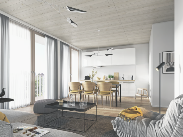 Modern eingerichtetes Wohnzimmer mit Esstisch in einer hellen Neubauwohnung